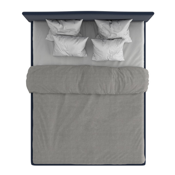 双人床配有蓝色的内饰，白色的背景上有白色和灰色的亚麻布。前视图。三维渲染图片下载