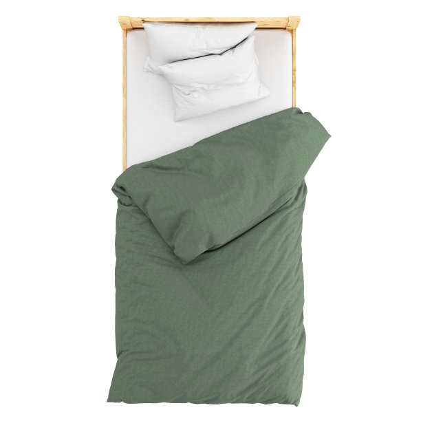 一张白色枕头、绿色毯子、白色背景的木制单人床。前视图。三维渲染图片下载