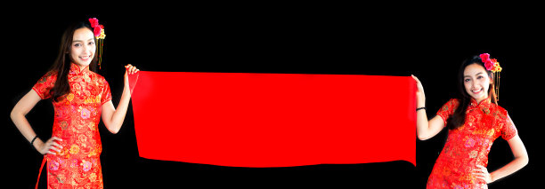 中国新年，美丽的亚洲女人与中国服装持有红色背景的文字。图片下载