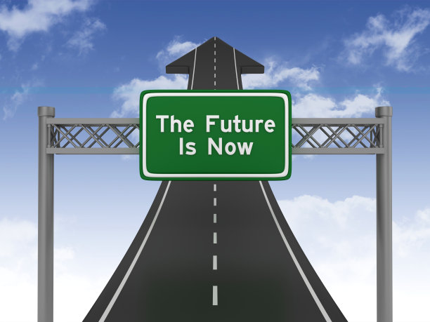 道路箭头与未来是现在的高速公路标志在天空- 3D渲染图片下载