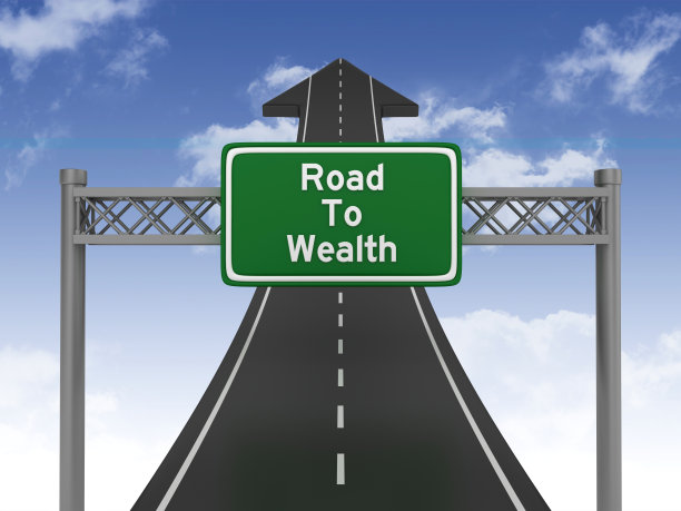 Road Arrow with Road TO WEALTH Highway Sign on Sky - 3D渲染图片下载