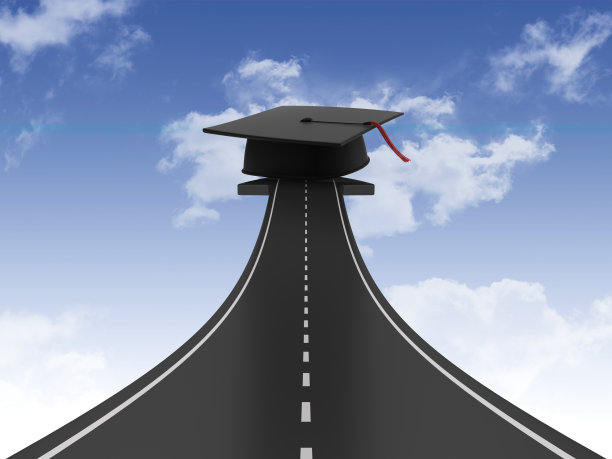 道路箭头与毕业帽上的天空- 3D渲染图片下载