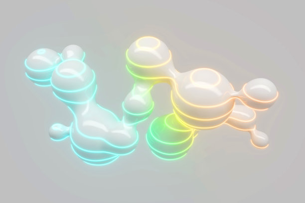 大量的飞行和分离滴在灯光背景与霓虹灯3D插图图片下载