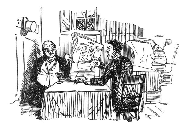 英国讽刺漫画漫画插图一个人把报纸递给另一个人，脸上带着愤怒的表情图片下载