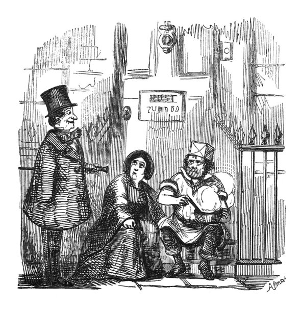 英国讽刺漫画漫画插图穿大衣和戴礼帽的男人与坐在前门外面的一对夫妇交谈图片下载