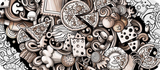 披萨手绘涂鸦横幅。卡通详细的传单。图片下载