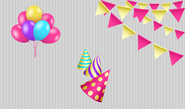 生日贺卡与派对帽，旗帜和气球图片下载