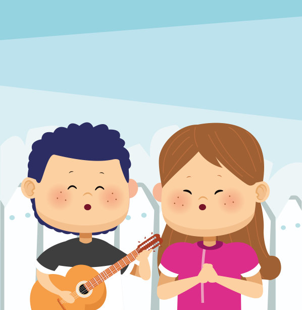 卡通男孩弹着吉他，女孩唱着歌，设计多姿多彩图片下载