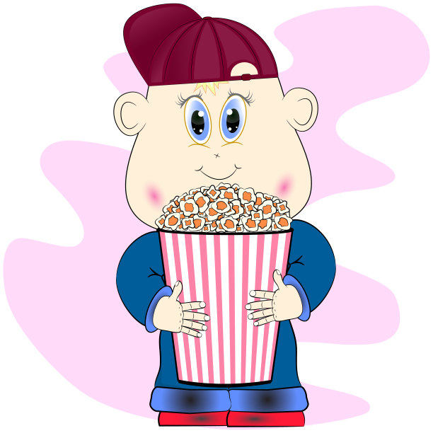 男孩与爆米花卡通矢量插图。带爆米花插图的卡通可爱小男孩。男孩卡通矢量插图。图片下载