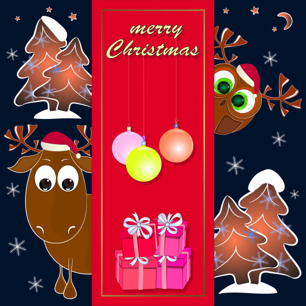 猫头鹰和驯鹿圣诞节贺卡卡通矢量插画图片下载