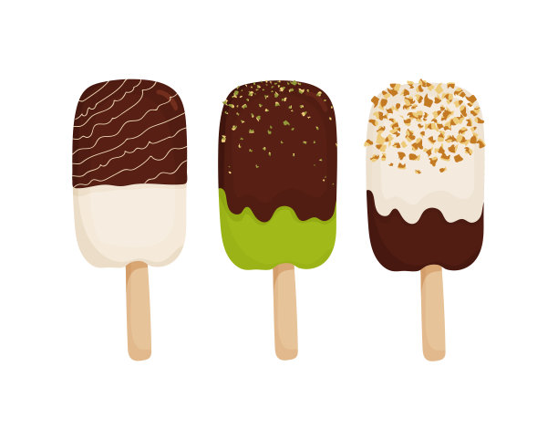巧克力、坚果和开心果冰淇淋套装。插图冰淇淋在白色背景的卡通风格的菜单，横幅，传单，海报。向量图片下载