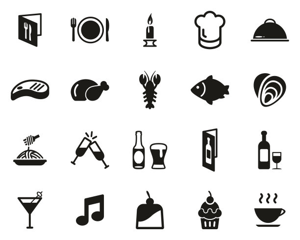晚餐或浪漫的晚餐图标黑色和白色设置大图片下载