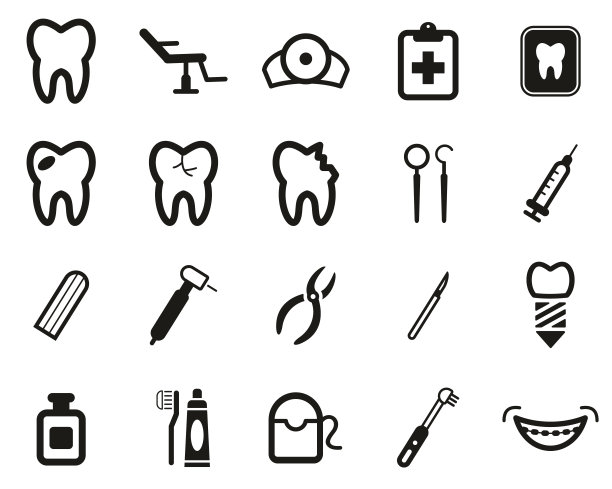 牙医办公室和设备图标黑色和白色设置大图片下载