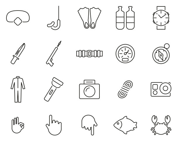 潜水和潜水装备图标黑色和白色细线设置大图片下载