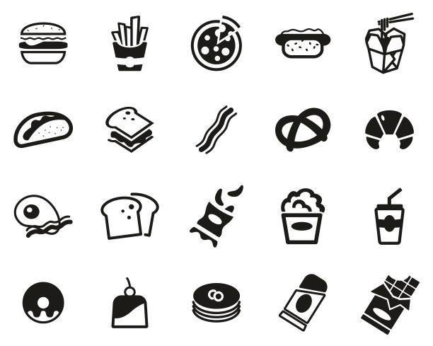 快餐或垃圾食品图标黑&白设置大图片下载