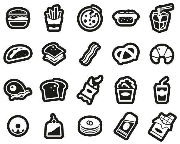 快餐或垃圾食品图标白色在黑色贴纸设置大图片下载
