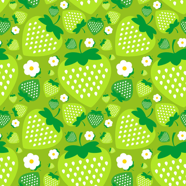 无缝模式与绿色草莓与白色的花在绿色的背景图片下载