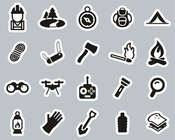 探险和探索图标黑白贴纸设置大图片下载