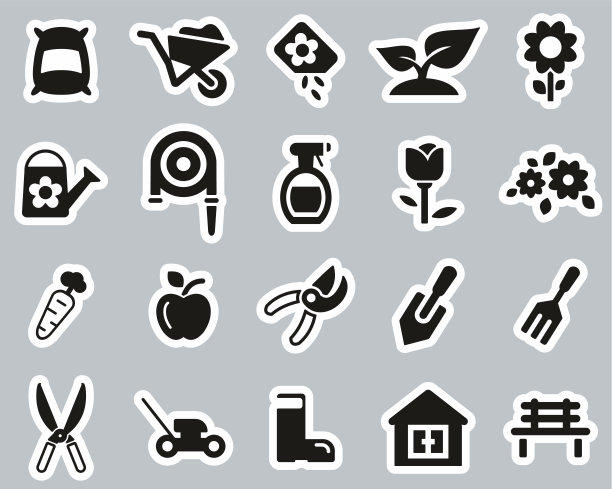 园艺和园艺工具图标黑白贴纸设置大图片下载