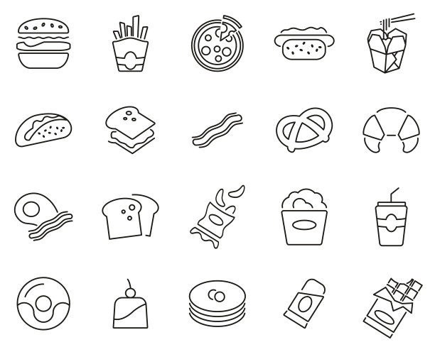 快餐或垃圾食品图标黑白细线设置大图片下载
