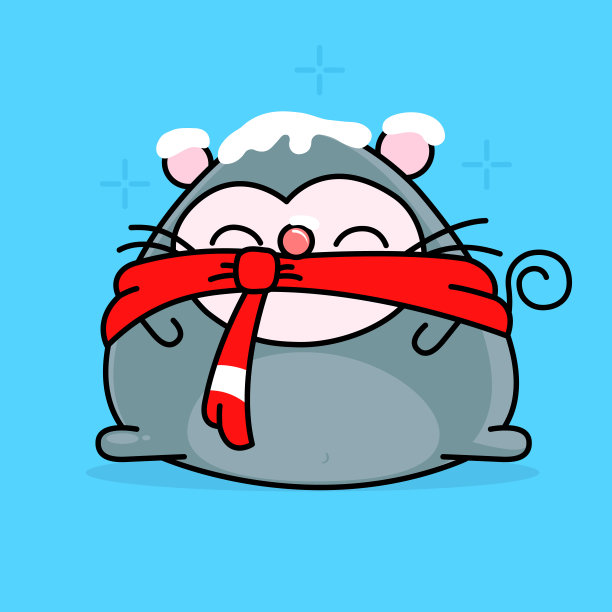 卡通老鼠的头上有雪，戴着一条温暖的红色围巾。涂鸦风格图片下载
