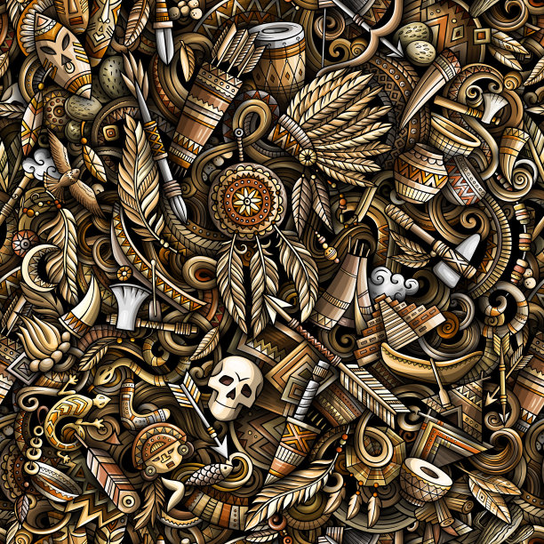 卡通可爱的涂鸦手绘印第安人无缝图案。图片下载