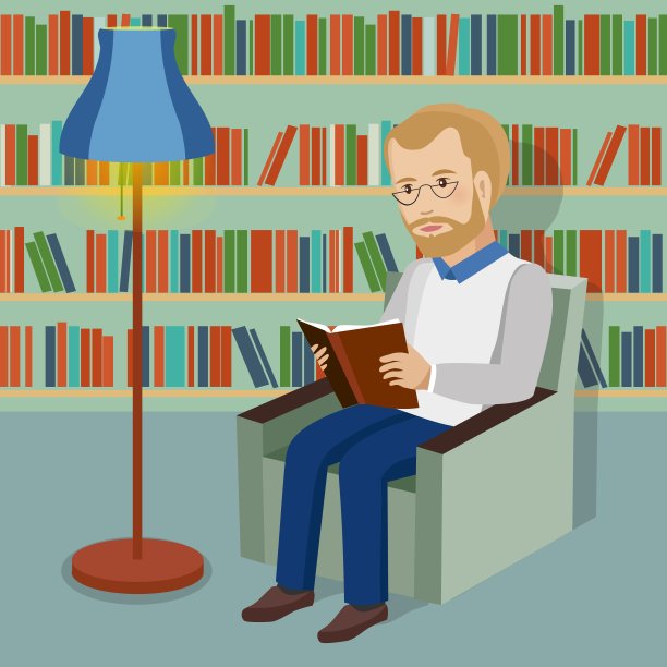一个人坐在椅子上看书。矢量图图片下载