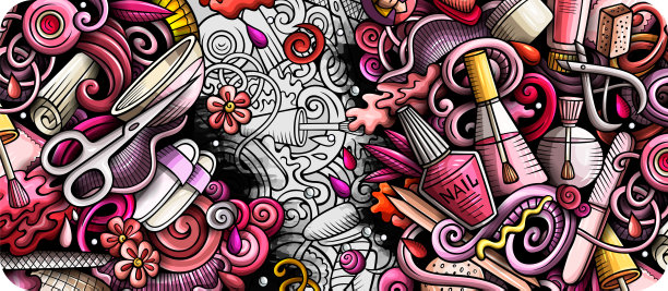 美甲沙龙手绘涂鸦横幅。卡通详细的插图。图片下载