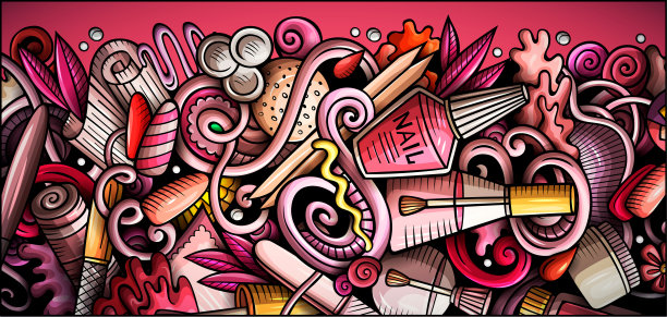 美甲沙龙手绘涂鸦横幅。卡通详细的插图。图片下载