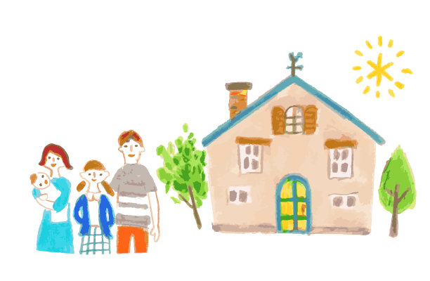 四口之家在房子前面图片下载