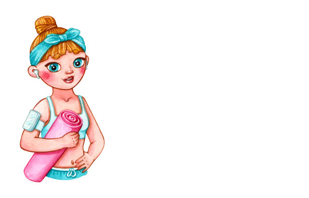 带着健身垫，智能手机和耳机的女孩图片下载