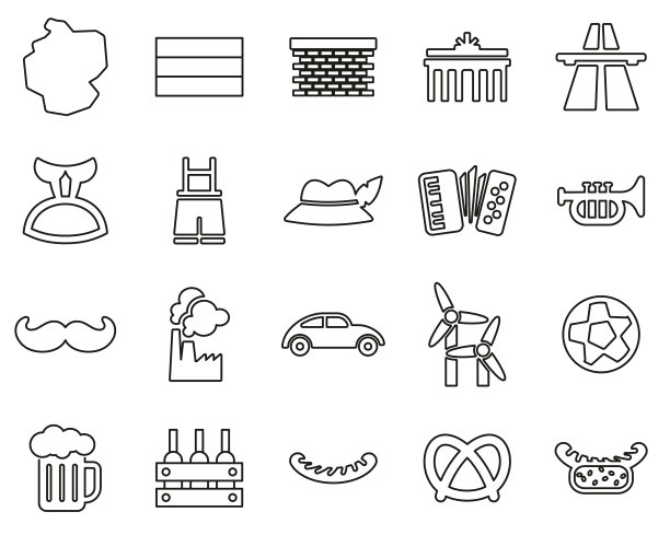 德国国家和文化图标黑和白细线设置大图片下载