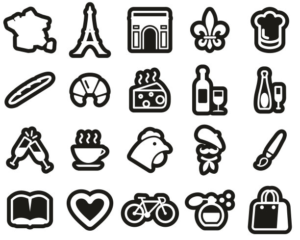 法国国家和文化图标白色在黑色贴纸设置大图片下载