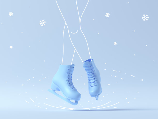 穿着蓝色花式溜冰鞋的脚在冰上跳跃，那里飘落着雪花。快乐女士的腿飞起来，做三周半跳。粉彩蓝色背景上的创意布局。三维渲染图片下载