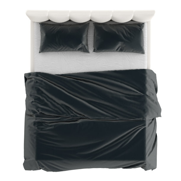 双人床，珍珠皮革装饰，灰色床上用品，白色背景。前视图。3 d渲染。图片下载