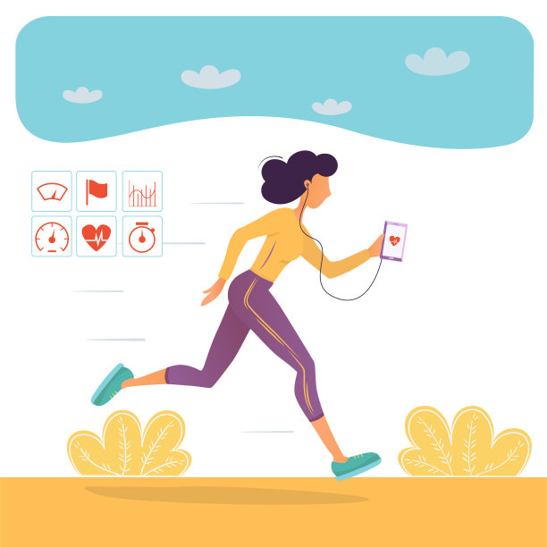 年轻运动女性的概念插画是手持智能手机跑步，健身应用图标图片下载