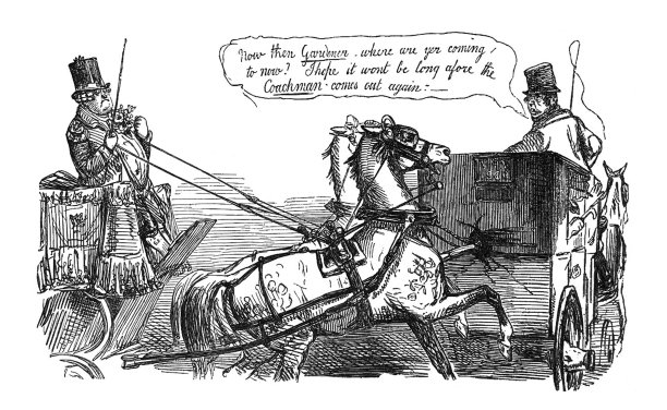 英国讽刺漫画漫画插图-园丁暂时驾驶一辆马车撞到另一辆马车图片下载