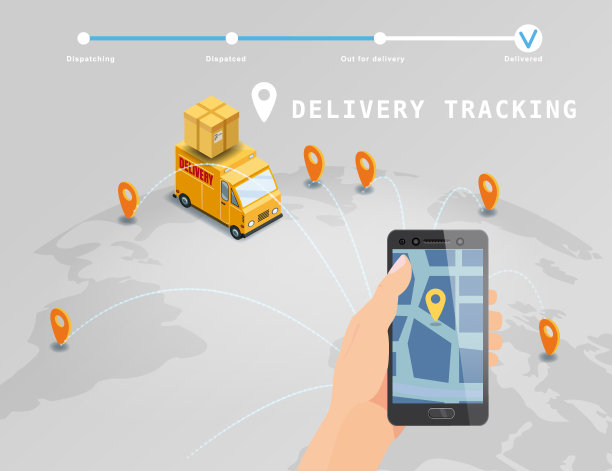 交付全球跟踪系统服务在线等距设计与卡车，盒子在地图地球。配有GPS导航地图应用的手持智能手机。智能物流和交通理念。矢量孤立的插图web，横幅，ui，移动应用程序图片下载