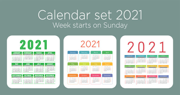 日历设定2021年。矢量口袋或墙壁压延机模板收集。简单的色彩设计。一周从周日开始素材图片