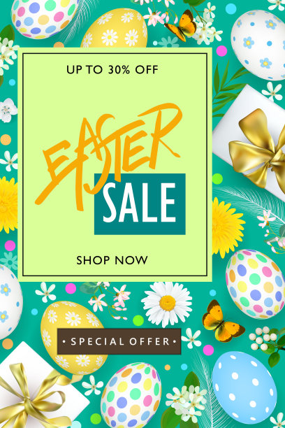 春节复活节海报设计与雏菊，鲜花，彩绘蛋，礼盒和蝴蝶。矢量图图片下载