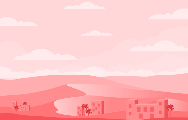 沙漠中的村庄房子与阿拉伯椰枣树景观插图图片下载