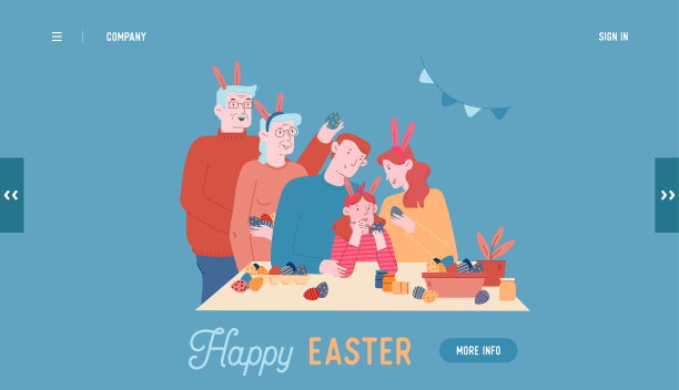 快乐家庭准备复活节节日庆祝网站登陆页。父母，祖父母和小女孩在兔耳朵画鸡蛋网页横幅。卡通平面矢量插图，线条艺术图片下载
