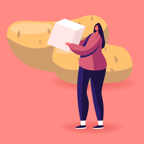 食物包含复杂和快速碳水化合物能量，健康和不健康的产品概念。年轻女子拿着白砂糖的立方体，旁边是巨大的土豆块茎。卡通平面矢量插图图片下载