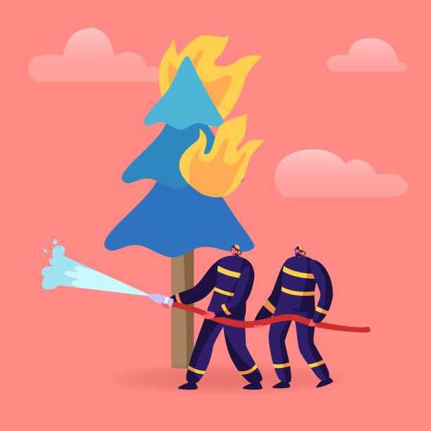 一对消防员在森林中与大火搏斗燃烧的冷杉树。身穿消防制服，头戴消防帽，用消防水龙带喷水灭火。卡通平面矢量插图图片下载