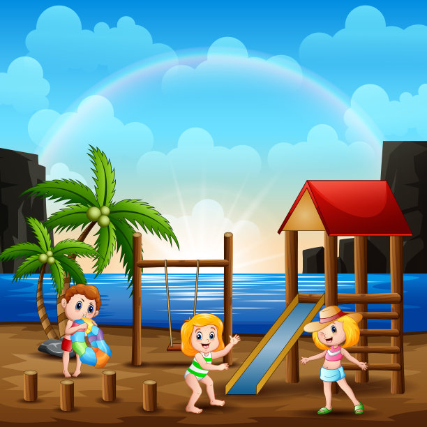 快乐的孩子们在海滩附近的操场上玩耍图片下载