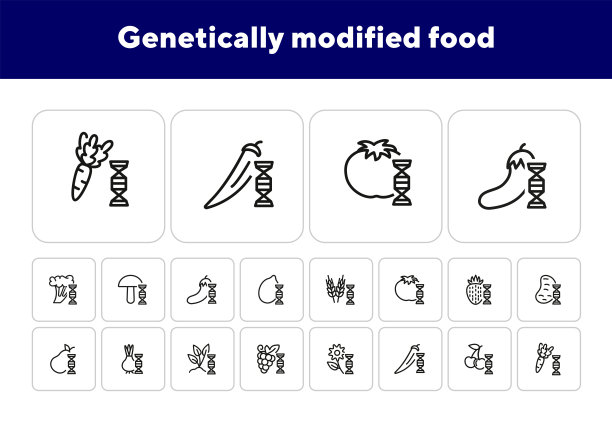 转基因食品线图标设置。基因,谷物,水果图片下载