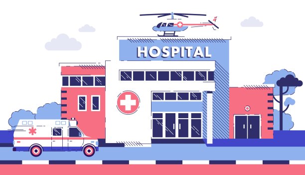 医疗理念与医院建筑在平面线艺术风格。图片下载