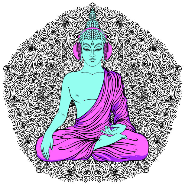 瑜伽卡，传单，海报，垫子设计。彩色霓虹灯模板的精神静修或瑜伽工作室。装饰名片，东方图案。矢量插图。图片下载