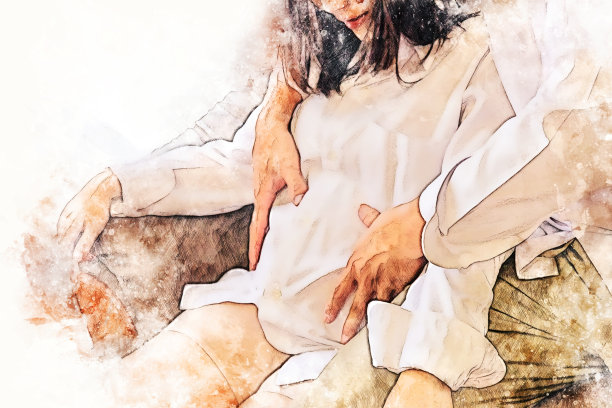 抽象的彩色特写孕妇与丈夫和拥抱在白色背景上的水彩画插图背景。图片下载