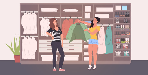 时尚造型师帮助女性在更衣室衣柜中挑选服装，搭配不同风格的鞋子和服装，现代更衣室内饰水平全长图片下载